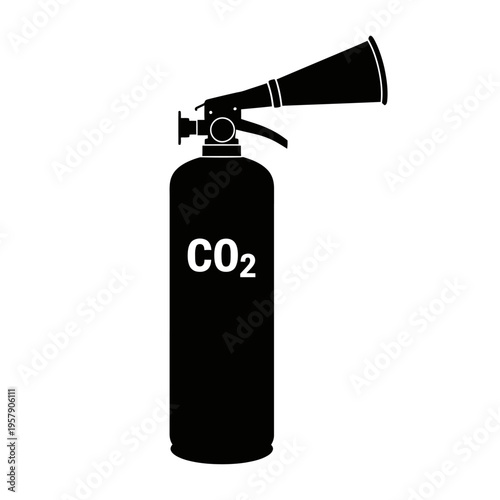 CO2 Fire Extinguisher Silhouette: Wide Horn Nozzle Safety Canister, Emergency Fire Suppression and Protection Equipment Vector Icon.