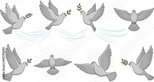 Peace dove birds set with olive branch flying symbols harmony hope cartoon vector illustration collection