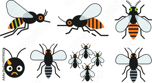 Bee and Wasp Insect Icon Set with Flying Bugs Collection for Nature, Pest Control, Biology, Wildlife, and Entomology Vector Illustration Design