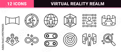 Cyberspace and Virtual Reality Monoline Outline Icons featuring Future Tech, Metaverse Concepts, and Digital Connectivity for Modern UI Design.