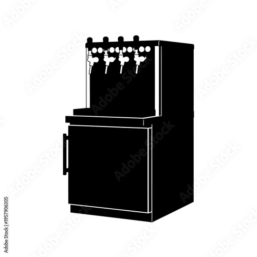 Commercial Kegerator Silhouette: Under Bar Draft Beer Cooler with Taps, Professional Pub and Hospitality Service Equipment Icon.