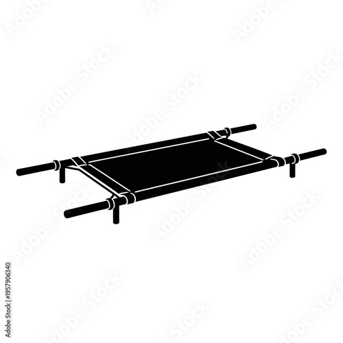 Field Stretcher Silhouette: Folding Canvas Poles for Military and Emergency Medical Transport, Rescue Equipment Vector Icon.