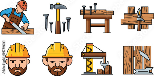 Construction and Carpentry Icon Set with Worker, Hammer, Nails, Workbench, Wood Cutting Tools for Building, Repair, Workshop, and Industrial Design Collection