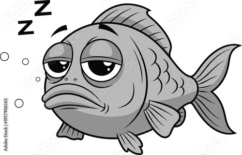 Sleepy cartoon fish character with tired expression bubbles and zzz symbol cute vector illustration design