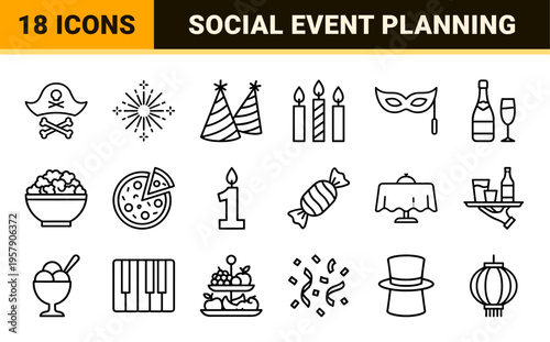 Party Celebration and Event Planning Geometric Line Art: Minimalist monoline symbols for festive gatherings and social ceremonies.