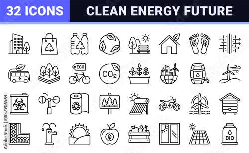 Sustainable Green City and Renewable Energy Outline Symbols: Minimalist Monoline Geometric Line Art for Eco-Technology and Conservation.