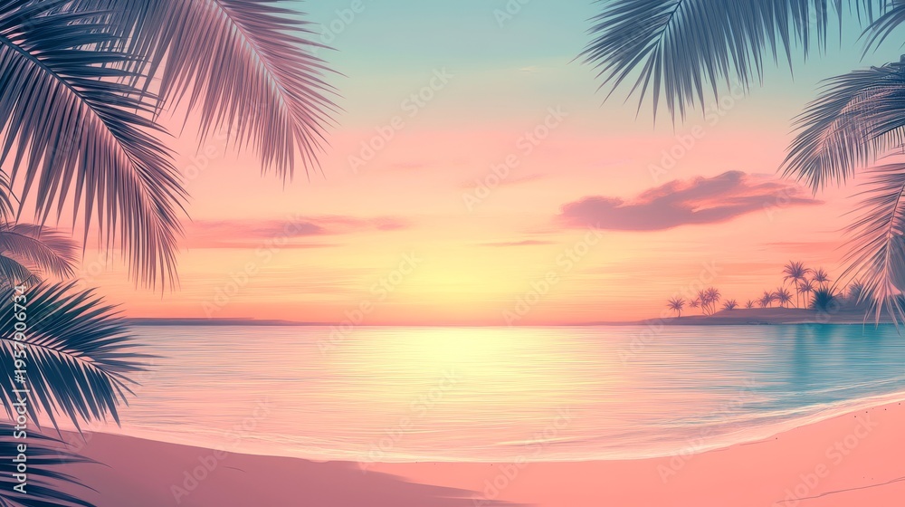 Fototapeta premium 74.Tropical beach illustration with glowing horizon, soft pastel ocean tones, detailed palm leaf shading, open central space, refreshing summer ambiance with relaxed vacation feel.