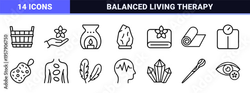 Holistic Wellness and Spa Therapy Linear Icon Set with Minimalist Monoline Aesthetic for Commercial Healthcare and Beauty Branding