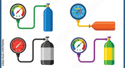 Various gas cylinders with pressure gauges and connecting tubes displayed