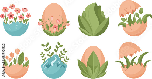Spring plants growing from eggshell set with flowers leaves nature rebirth Easter concept cartoon vector illustration collection