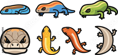 Lizard and Salamander Icon Set with Colorful Reptiles, Gecko, Newt, and Amphibian Characters for Wildlife, Nature, and Animal Illustration Design