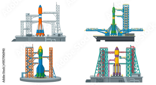 Colorful illustrations of rockets on launchpads and service structures