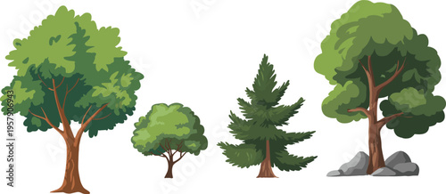 Vibrant autumn trees with lush green and yellow leaves in a serene forest setting