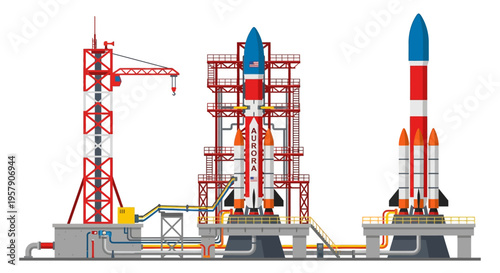 A detailed illustration of rockets on launch platforms with service structures