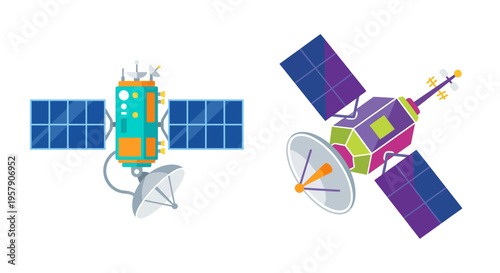 Illustration of two colorful satellites in outer space with solar panels