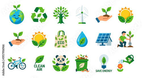Colorful icons representing environmental conservation and sustainable living practices