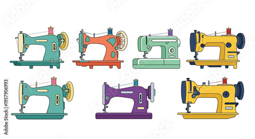 Colorful vintage sewing machines arranged in a grid pattern illustration