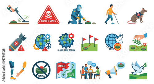 Landmine awareness and humanitarian efforts a collection of related icons