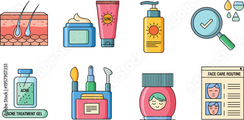 Skincare and Beauty Icon Set with Acne Treatment, Sunscreen, Cosmetics, Face Care Routine, and Dermatology Elements for Wellness, Hygiene, and Personal Care Design