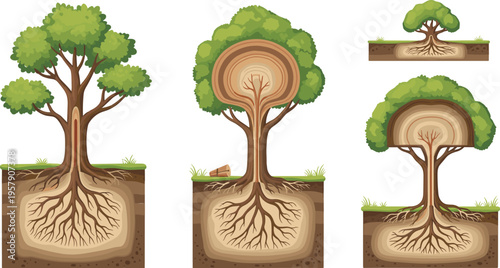 Tree root system illustration set with cross section soil layers plant growth anatomy vector collection