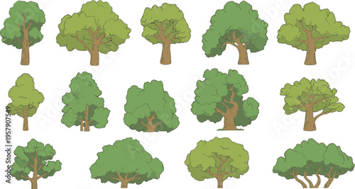 Vibrant green leafy trees with autumnal foliage in various shades and patterns leaves yellow orange
