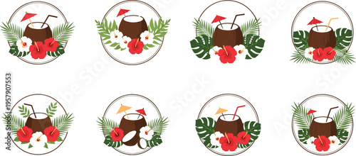 Tropical coconut drink badges set with hibiscus flowers palm leaves summer beach vector illustration collection