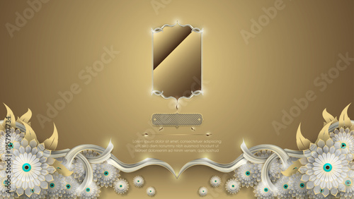 Elegant golden Thai motif with lotus and jasmine flowers on clean white backdrop