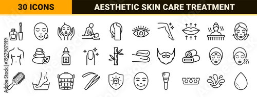 Wellness and Aesthetic Beauty Minimalist Monoline Icon Set for Spa, Dermatology, and Self-Care Digital Interface Design Applications.