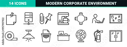 Corporate Office and Modern Workspace Management Business Line Art Graphics Featuring Ultra Minimalist Monoline Geometric Outlines for Productivity.