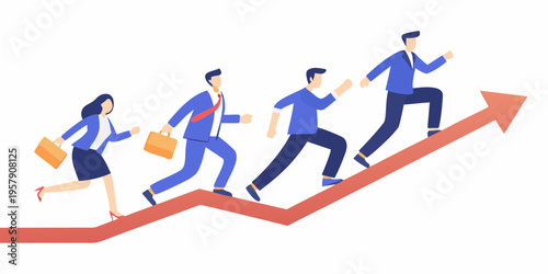 Business people running up a red arrow representing growth and success