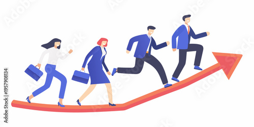 Business professionals running upwards on a large orange growth arrow
