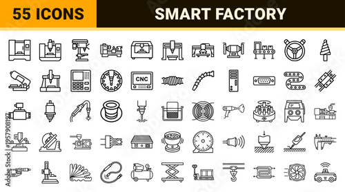 Industrial Manufacturing and CNC Machining Minimalist Monoline Icons for Smart Factory Automation and Engineering Technology Workflows