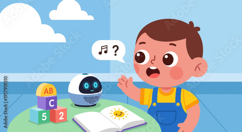 Child learning with AI robot, educational toys, and book
