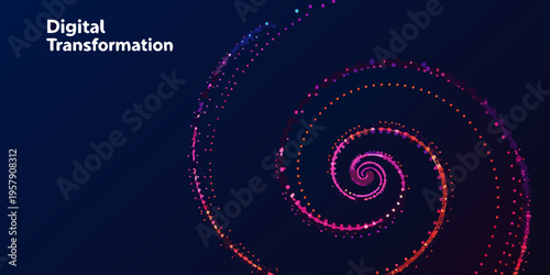 Abstract digital transformation spiral of colorful data points on dark background