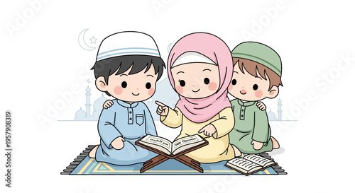 Children learning Quran, Islamic education, mosque background, Ramadan, Eid celebration