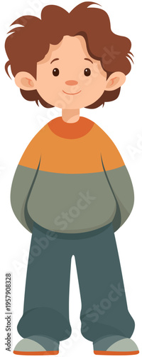 Cute child cartoon character standing with hands behind back