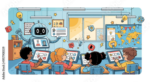 Children Learning With Robot Teacher In Modern Classroom