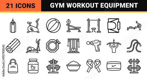 Minimalist Fitness and Weightlifting Line Art Featuring Geometric Dumbbells Barbells and Gym Equipment for Clean Interface Design