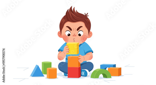 Concentrated boy stacking colorful blocks, learning and playing with toys