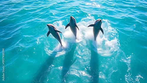 unanimity. Three dolphins leaping together in clear blue ocean water under sunlight. wildlife magazines, conservation campaigns, designed for eco-tourism storytelling, supports conservation.