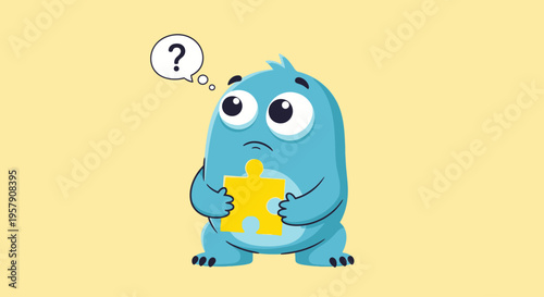Confused blue monster holding puzzle piece, thinking with question mark