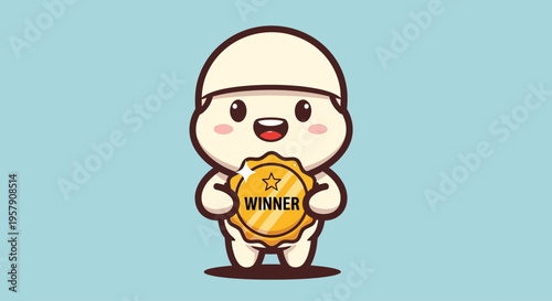 Cute baby character holding a gold winner medal, celebrating victory, cartoon style