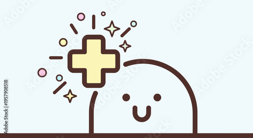 Cute Blob Character with Positive Plus Sign and Sparkles - Kawaii Illustration