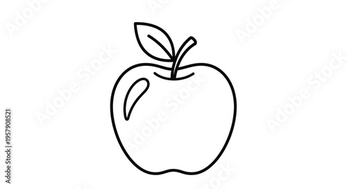 Simple line drawing of a red apple with a leaf and stem