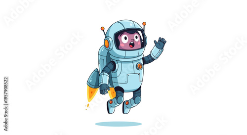 Cute Astronaut Waving Hello, Flying with Jetpack in Space