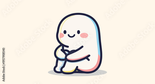 Cute Blob Character Sitting and Hugging Knees, Kawaii Style, Simple Cartoon