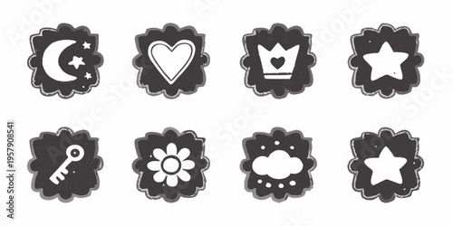 Hand drawn black and white icons featuring stars hearts and celestial motifs