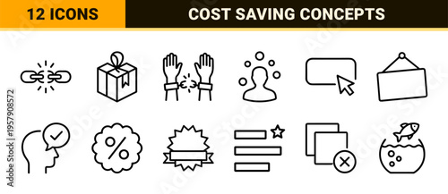 Minimalist Monoline Financial Liberty Icons featuring geometric line art for cost-reduction, free services, and economic freedom concepts.