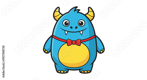 Cute Blue Monster with Yellow Belly and Red Bow Tie, Cartoon Character