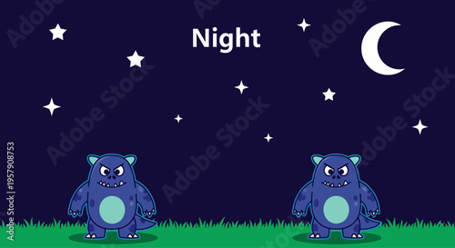 Cute Blue Monsters Under Starry Night Sky with Crescent Moon and Grass